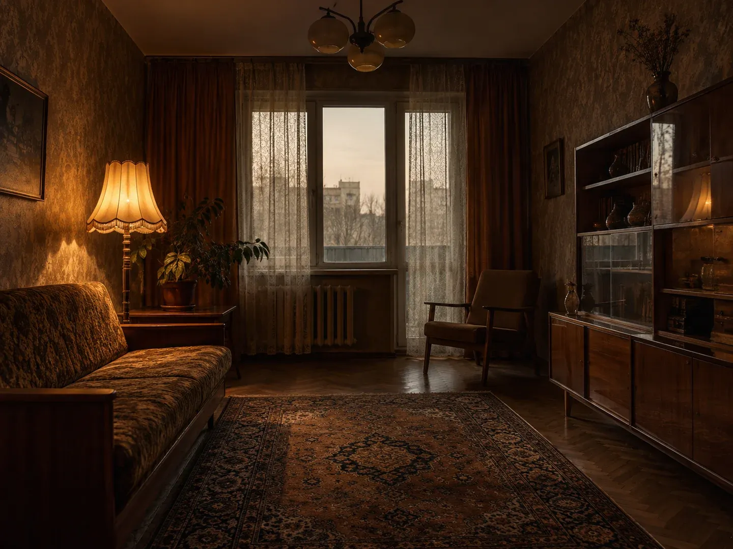 Интерьер ретро-квартиры в духе 70-х с коврами, старой мебелью и лампами